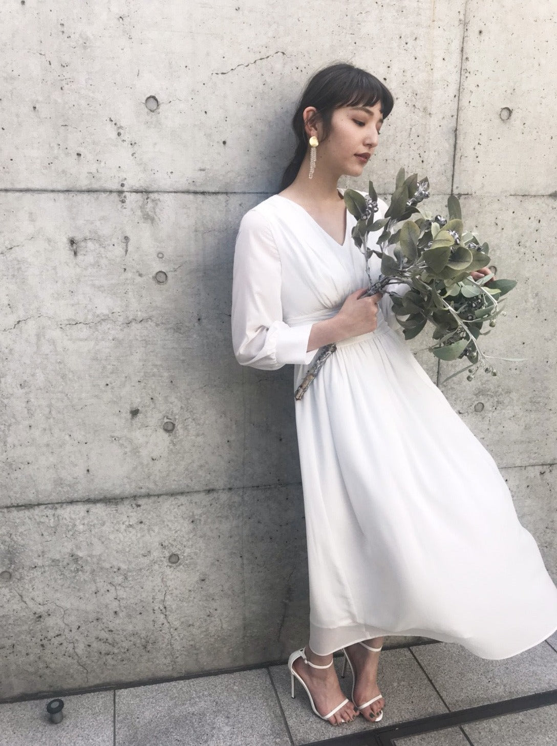 kaene シフォンロングスリーブワンピース / 100315 |モデル身長167cm 着用サイズ36