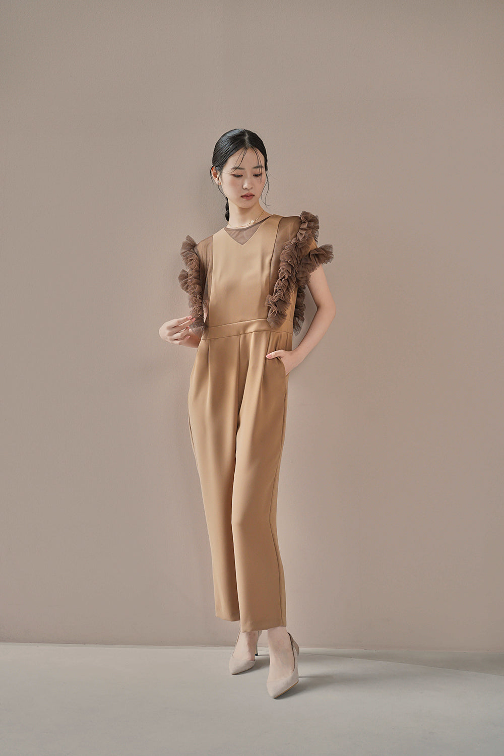 kaene チュールフリルパンツドレス / 100997 | モデル身長170cm 着用サイズ38