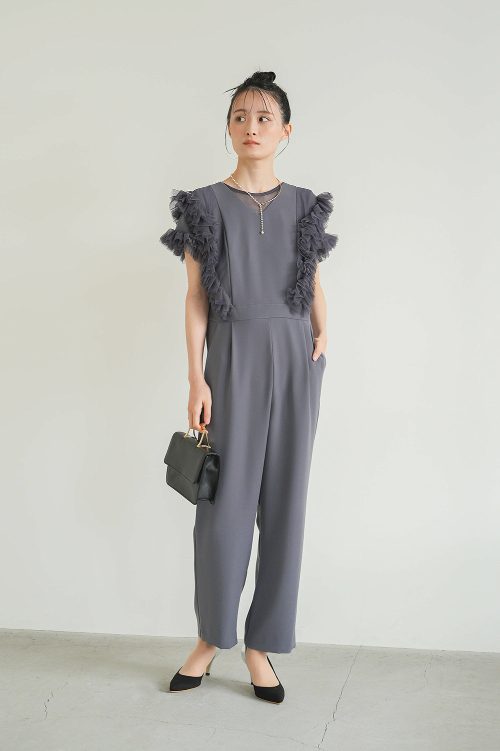 kaene チュールフリルパンツドレス / 100997 | モデル身長165cm 着用サイズ38