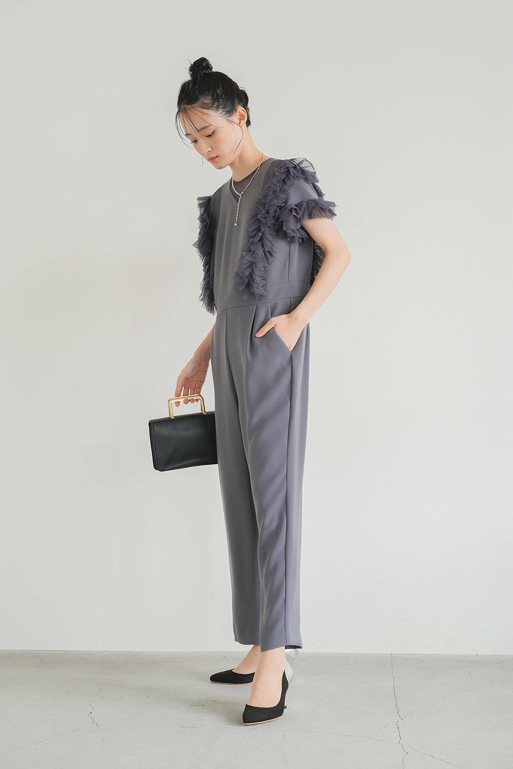 kaene チュールフリルパンツドレス / 100997 | モデル身長165cm 着用サイズ38