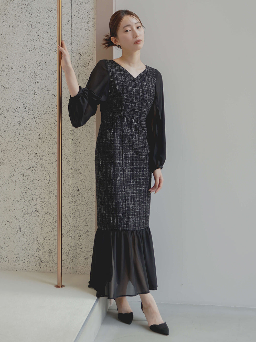 kaene ツイードシフォンドレス / 100941 | モデル身長160cm 着用サイズ34