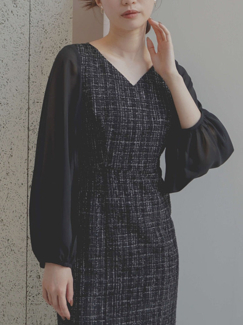 kaene ツイードシフォンドレス / 100941 | モデル身長160cm 着用サイズ34