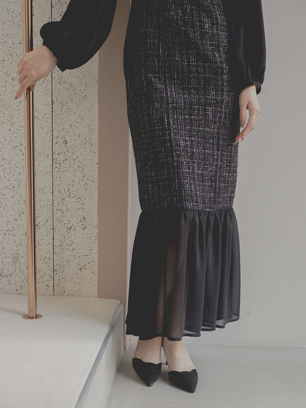 kaene ツイードシフォンドレス / 100941 | モデル身長160cm 着用サイズ34