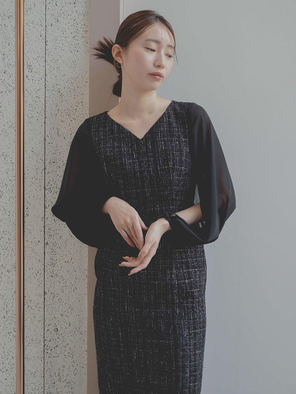 kaene ツイードシフォンドレス / 100941 | モデル身長160cm 着用サイズ34
