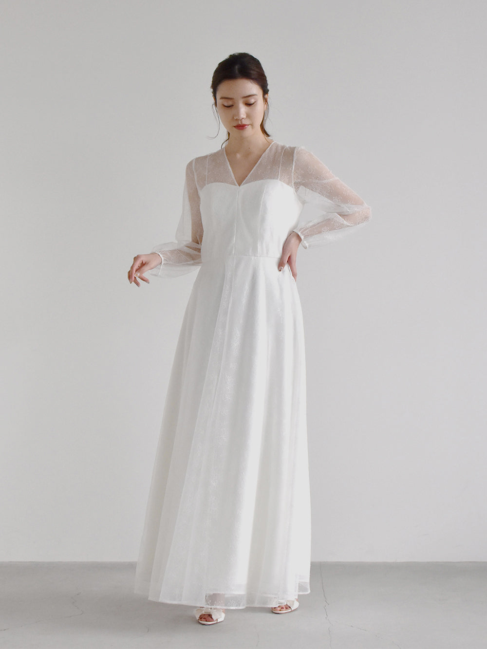 kaene レース×シフォンドレス / 100570 | モデル身長160cm 着用サイズ36