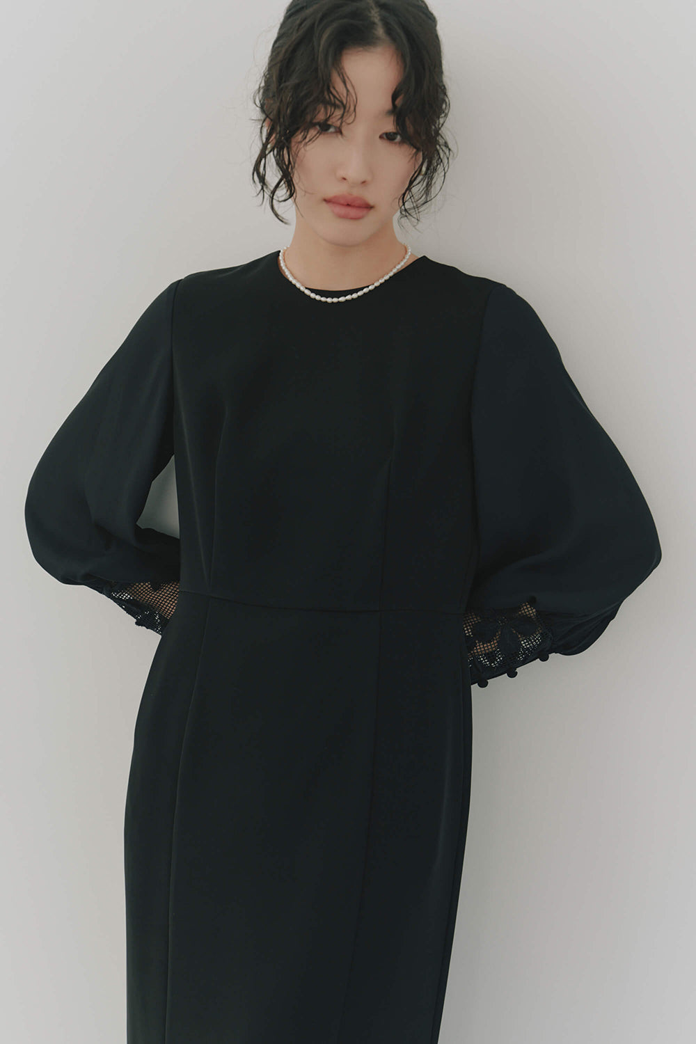 kaene エンブロイダリースリーブドレス / 100905 | モデル身長166cm 着用サイズ38