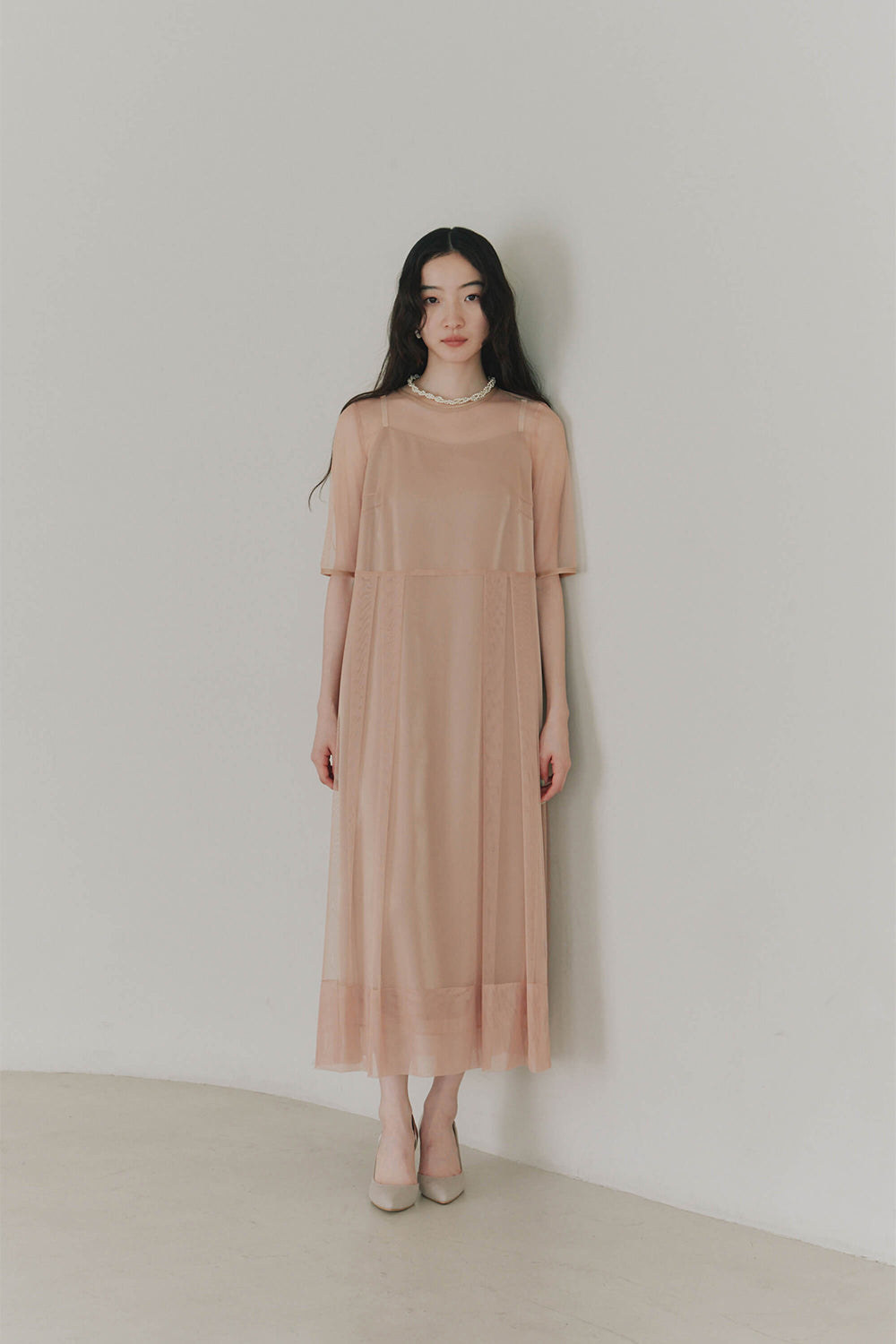 kaene シャンブレーキャミドッキングドレス / 101062 | モデル身長164cm 着用サイズ36