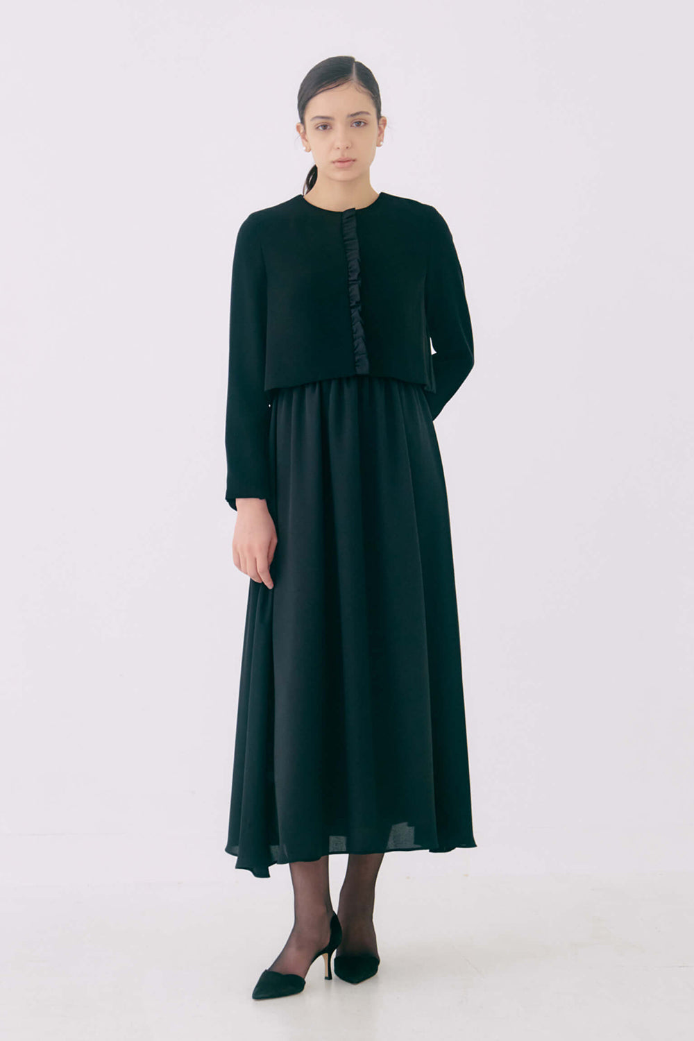 kaene フォーマルシフォンワンピース / 100957 | モデル身長170cm 着用サイズ36 ※005312ジャケット着用