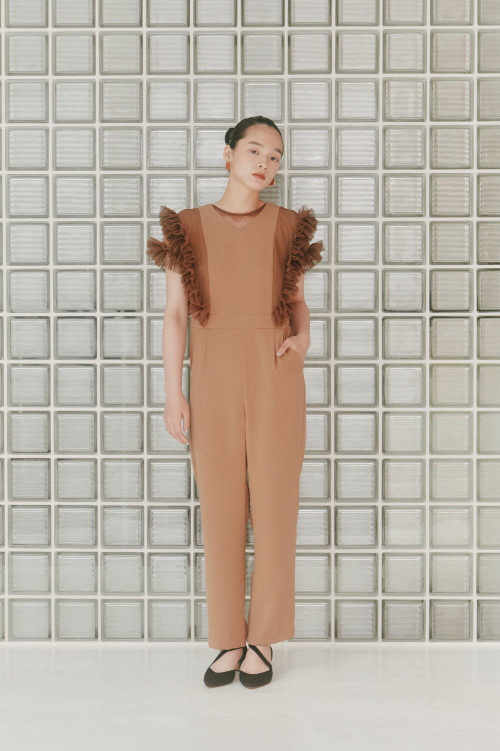 kaene チュールフリルパンツドレス / 100997 | モデル身長163cm 着用サイズ36