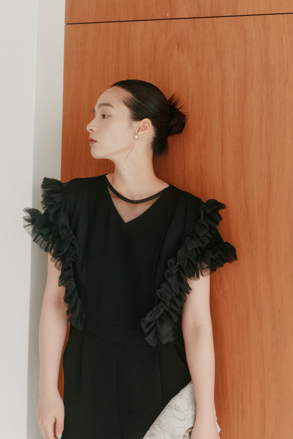 kaene チュールフリルパンツドレス / 100997 | モデル身長163cm 着用サイズ38