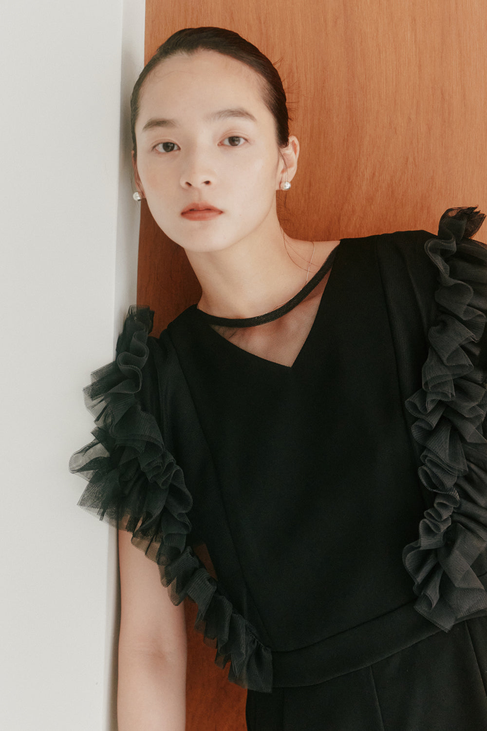 kaene チュールフリルパンツドレス / 100997 | モデル身長163cm 着用サイズ38