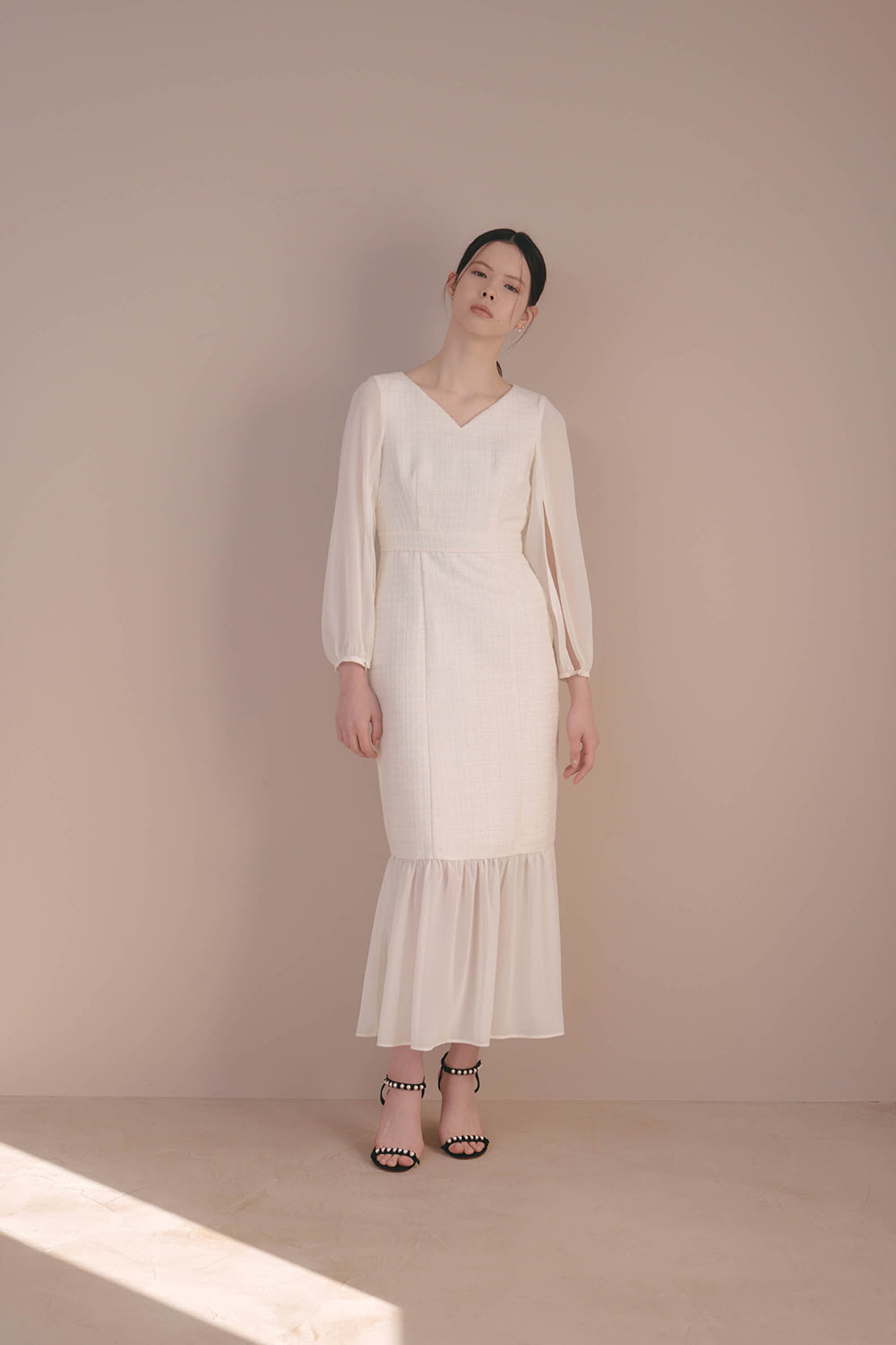 kaene ツイードシフォンドレス / 100941 | モデル身長170cm 着用サイズ34