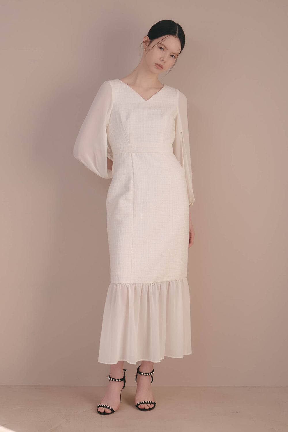 kaene ツイードシフォンドレス / 100941 | モデル身長170cm 着用サイズ34