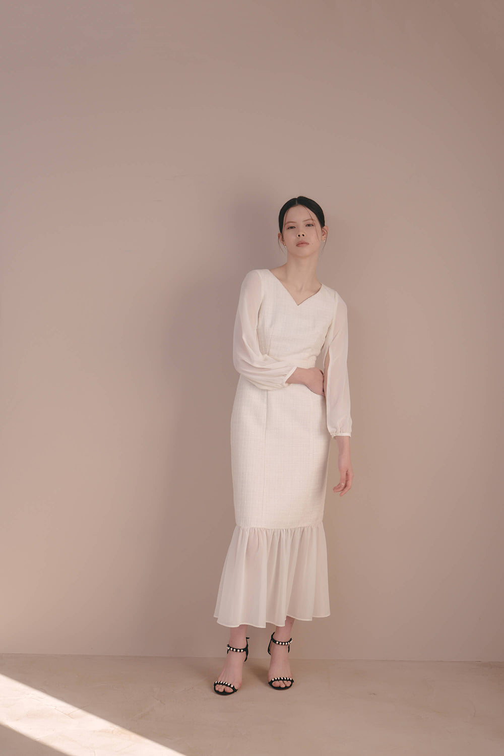 kaene ツイードシフォンドレス / 100941 | モデル身長170cm 着用サイズ34