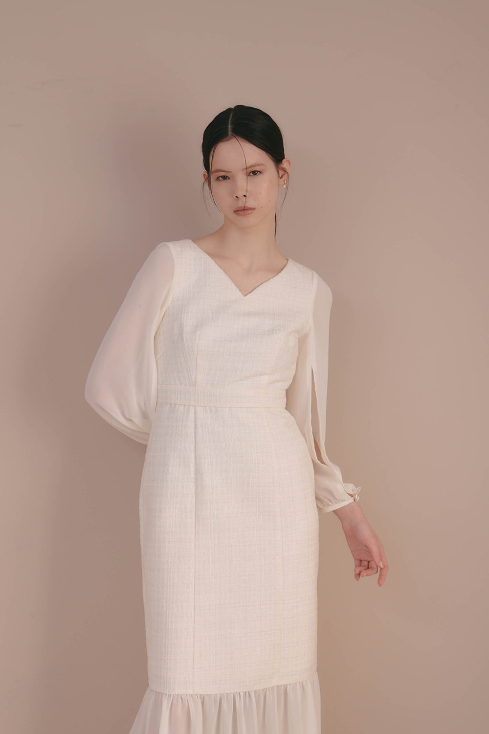 kaene ツイードシフォンドレス / 100941 | モデル身長170cm 着用サイズ34