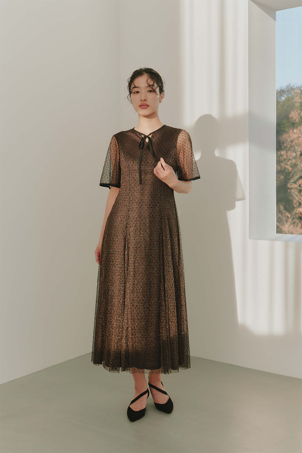 kaene パイピングドットドレス / 101038 | モデル身長166cm 着用サイズFREE