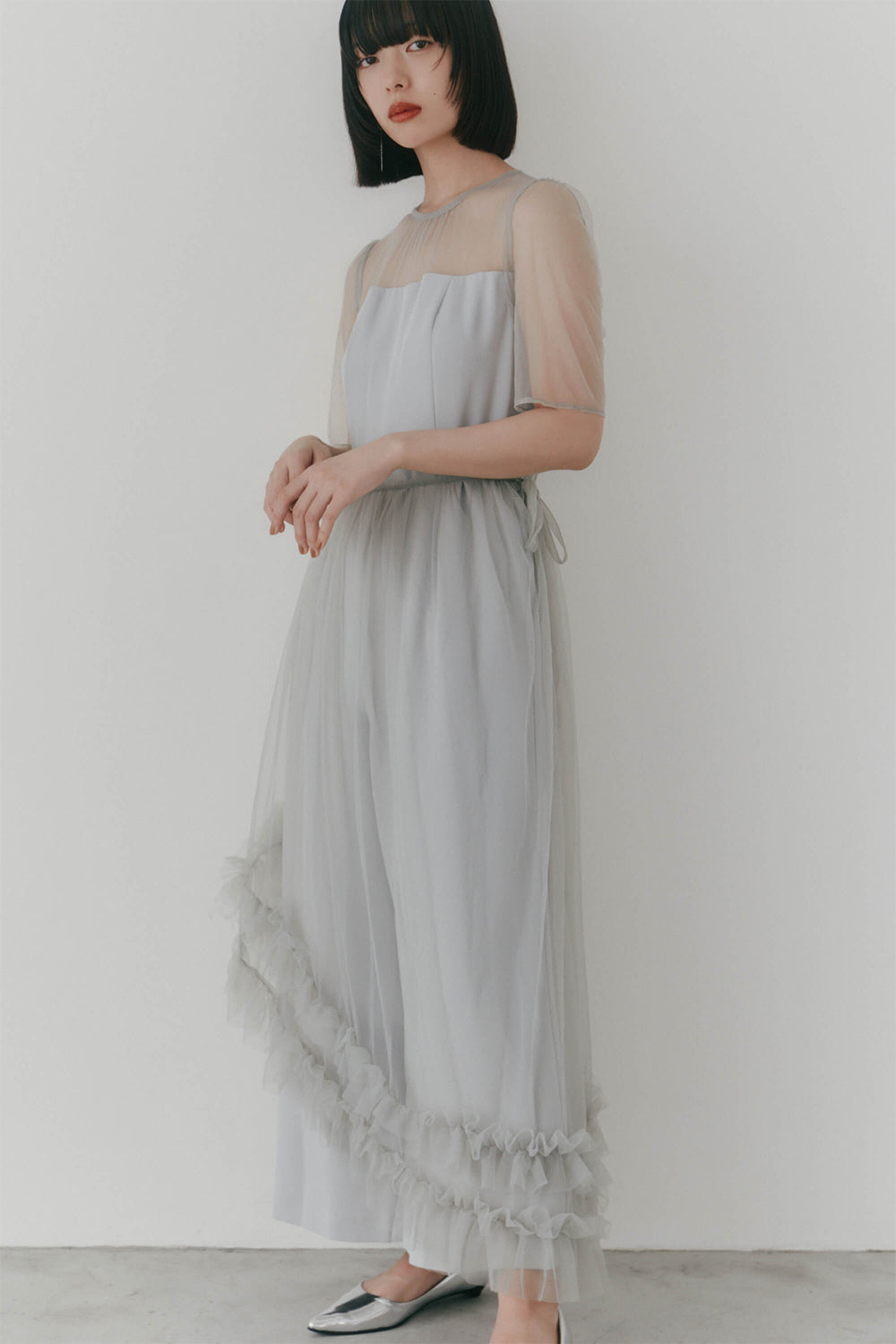 kaene チュールレイヤードオールインワン / 101028 | モデル身長167cm 着用サイズ36