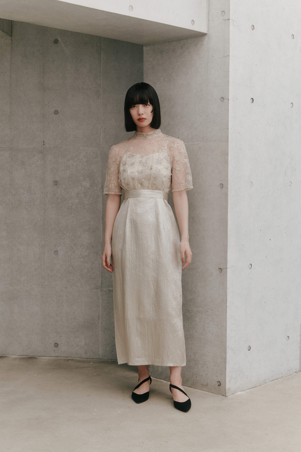 kaene エンブロイダリーレースブラウスセットドレス / 101021 | モデル身長167cm 着用サイズ36