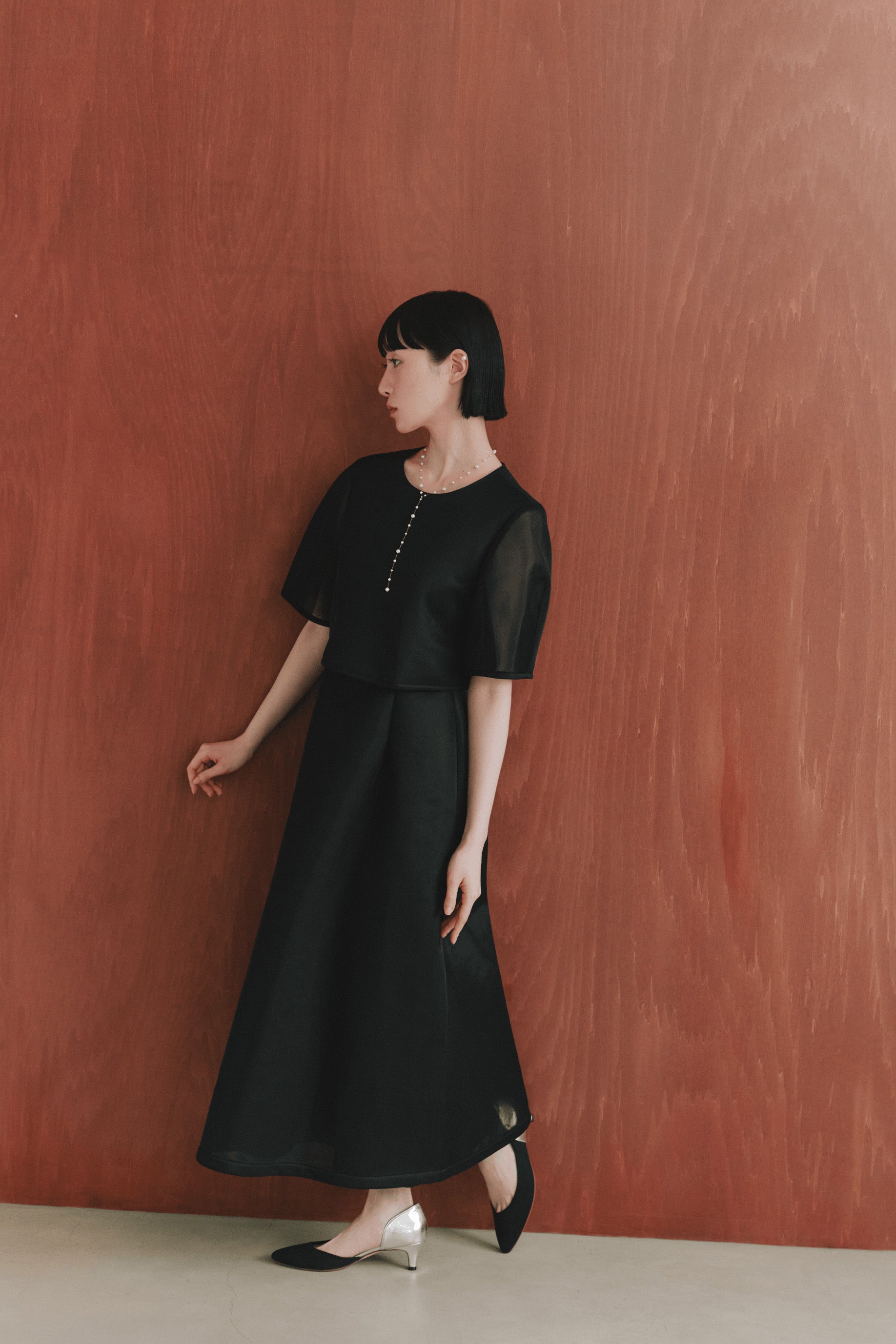 kaene シアーダンボールニットドレス / 101133 結婚式用ドレス black | モデル身長161cm 着用サイズS(36)
