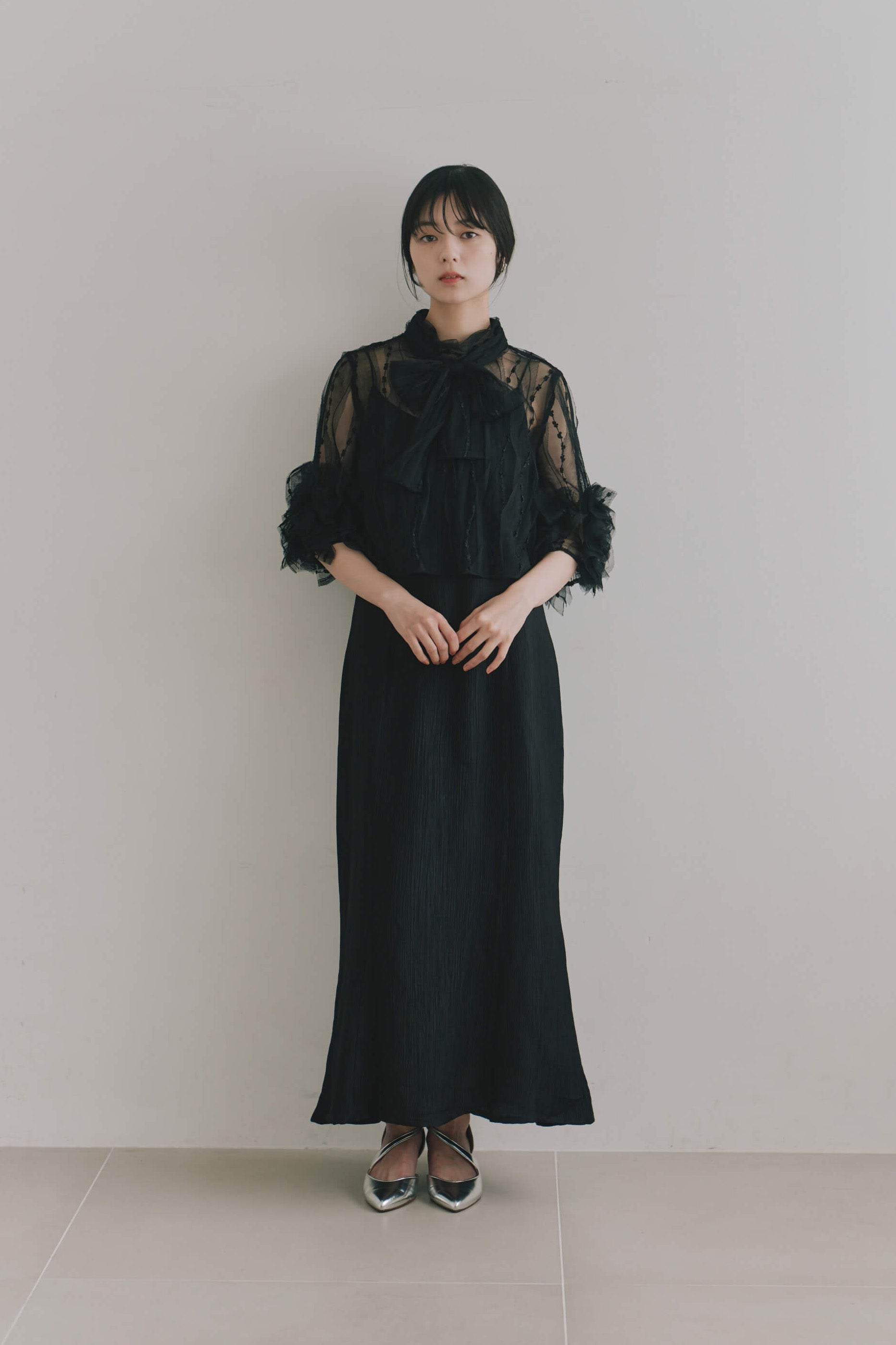 kaene ボウタイ3wayレイヤードドレス / 101203 結婚式用ゲストドレス black | モデル身長162cm 着用サイズM(38)