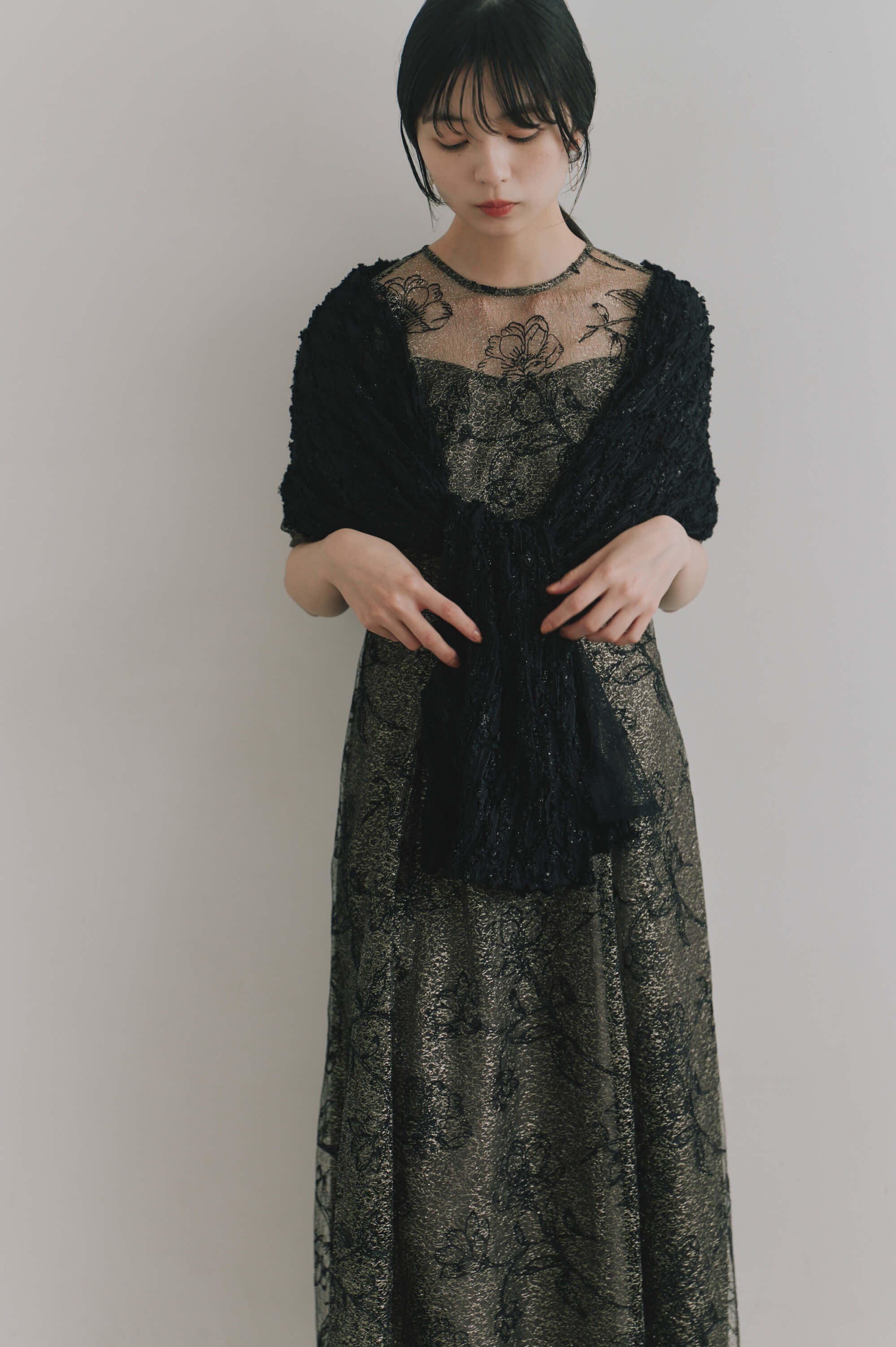 kaene モールレースチュールショール / 003111 結婚式用ショール 羽織 black |