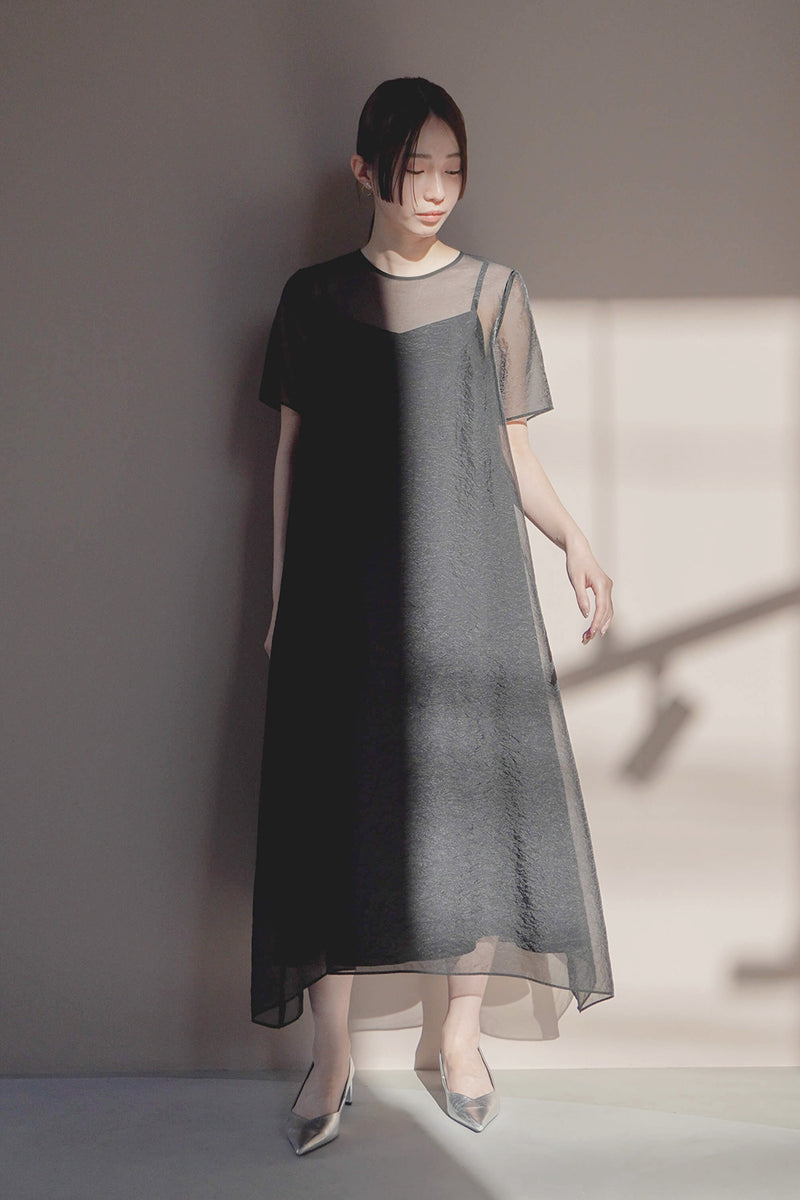 kaene シア―オーガンジーショートスリーブドレス / 100882 | モデル身長160cm　着用サイズ1