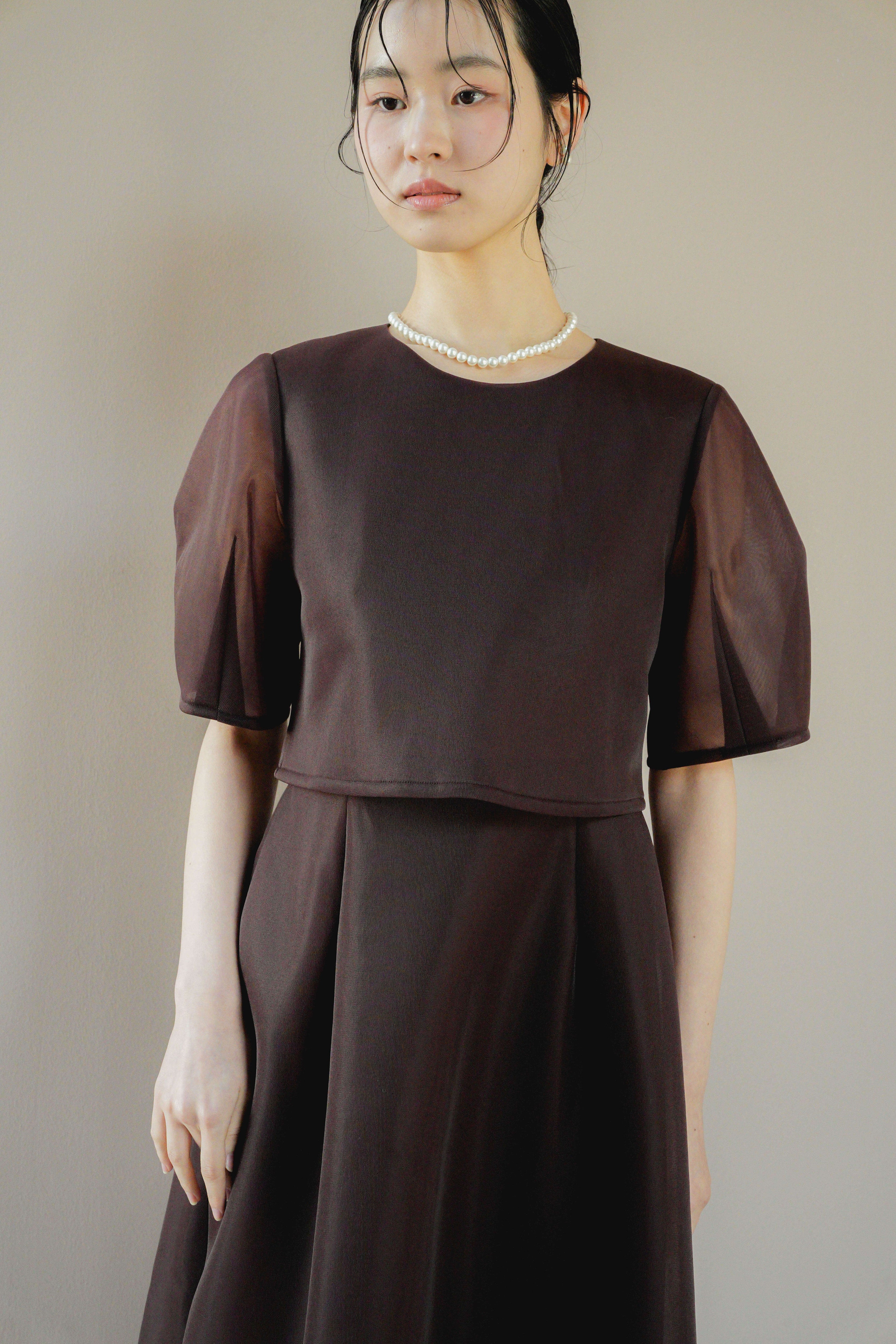 kaene シアーダンボールニットドレス / 101133 結婚式用ドレス brown | モデル身長170cm 着用サイズM(38)