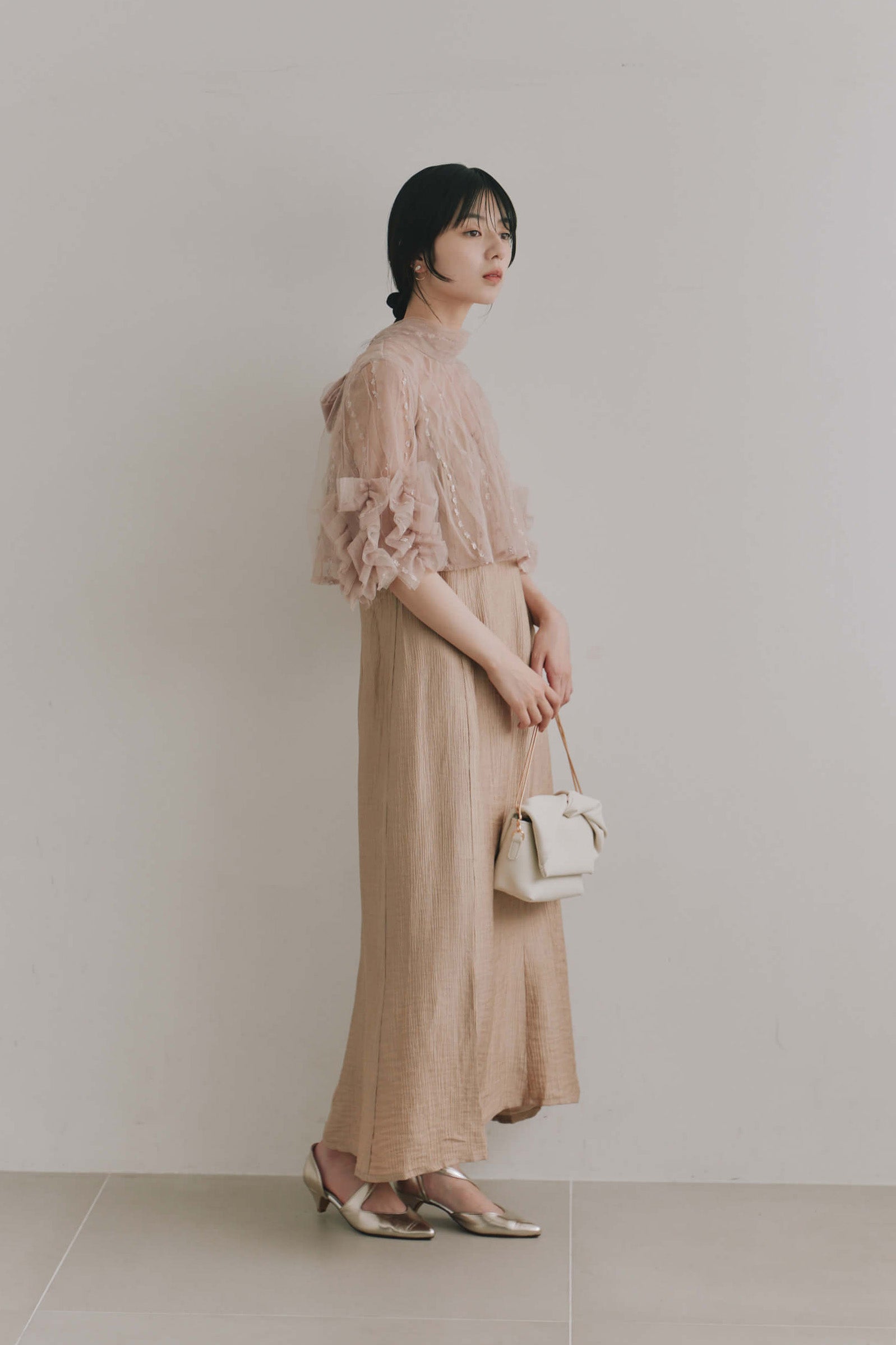 kaene  ボウタイ3wayレイヤードドレス / 101203 結婚式用ゲストドレス beige | モデル身長162cm　着用サイズS(36)  