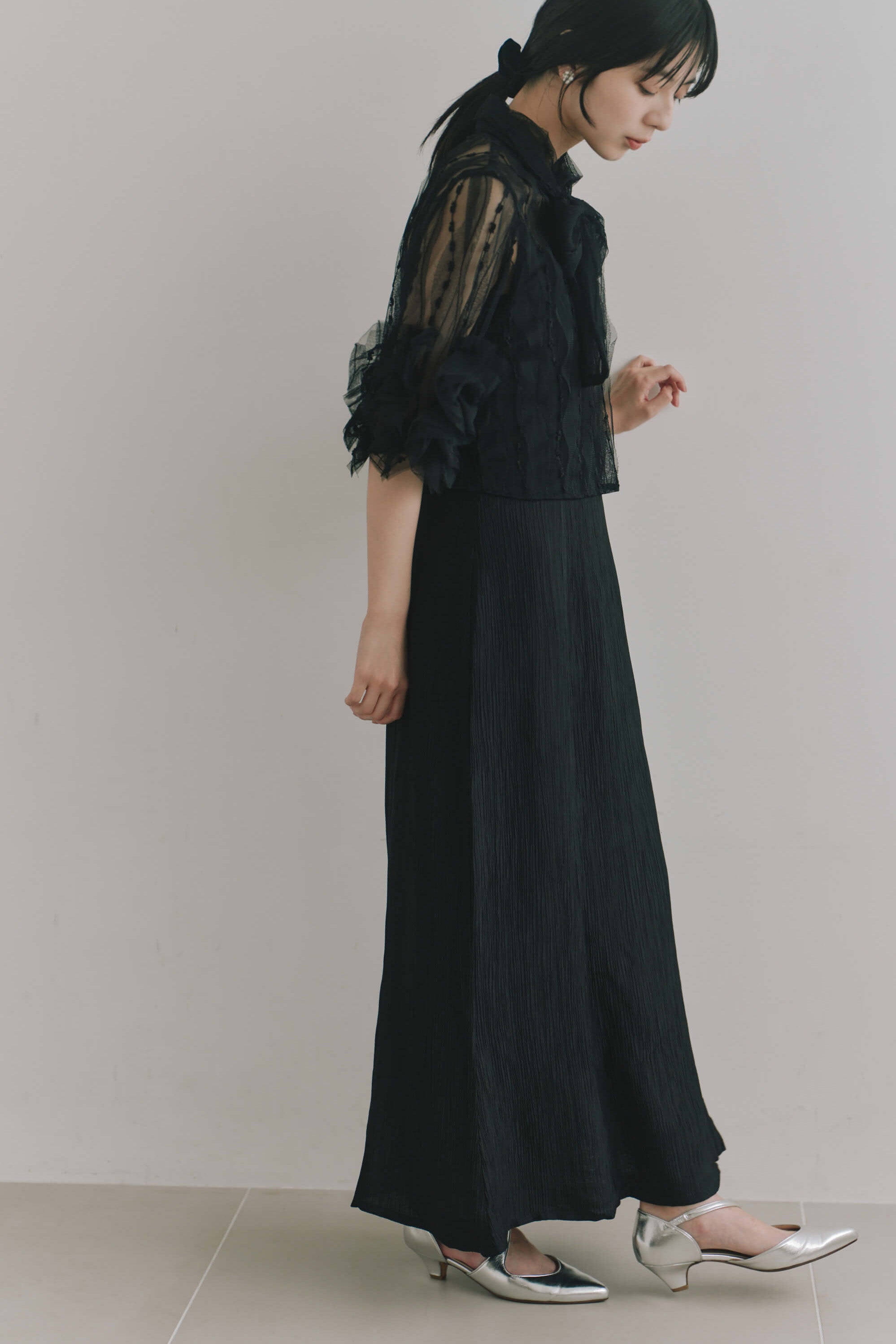 kaene  ボウタイ3wayレイヤードドレス / 101203 結婚式用ゲストドレス black | モデル身長162cm　着用サイズM(38)  