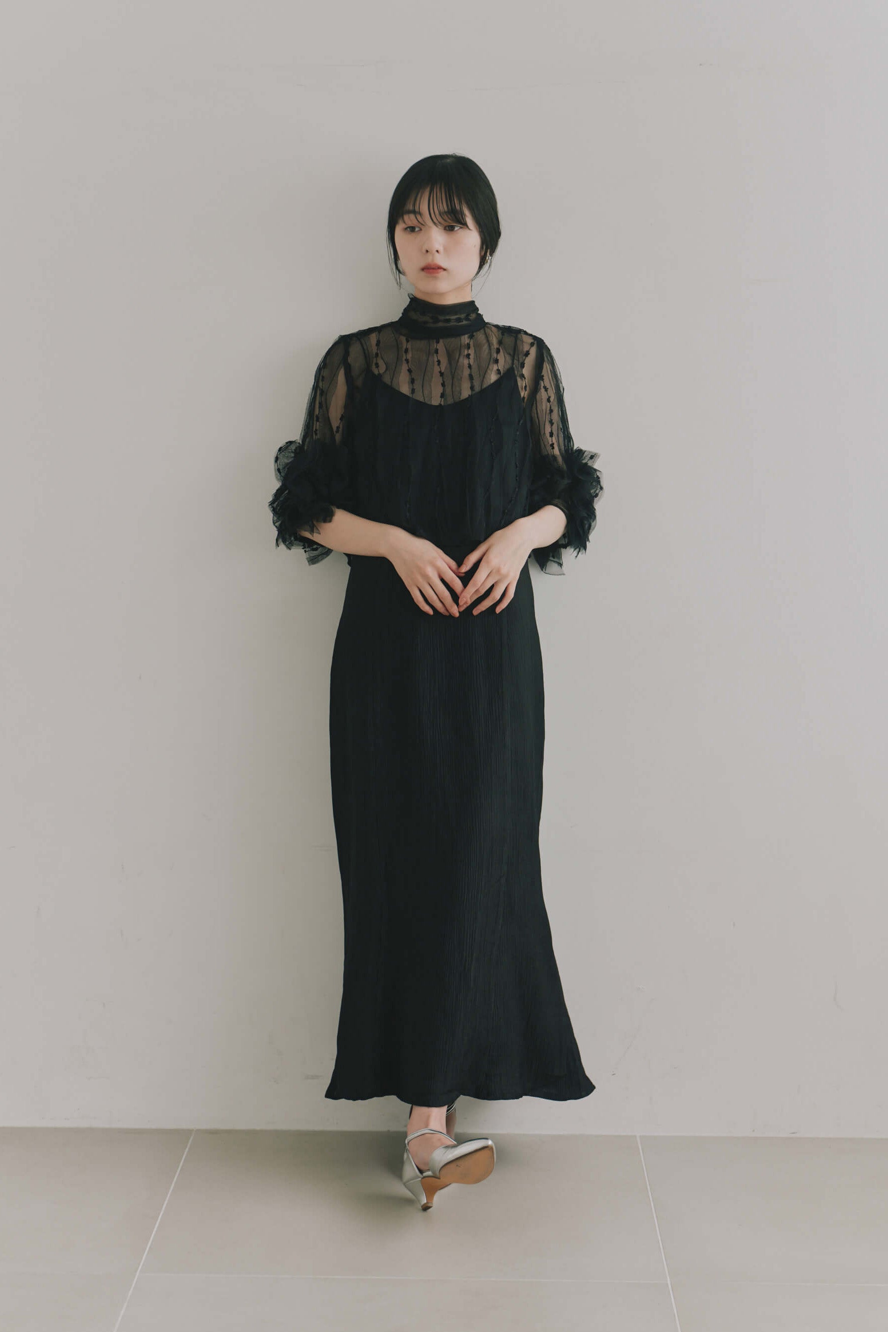 kaene  ボウタイ3wayレイヤードドレス / 101203 結婚式用ゲストドレス black | モデル身長162cm　着用サイズM(38)  