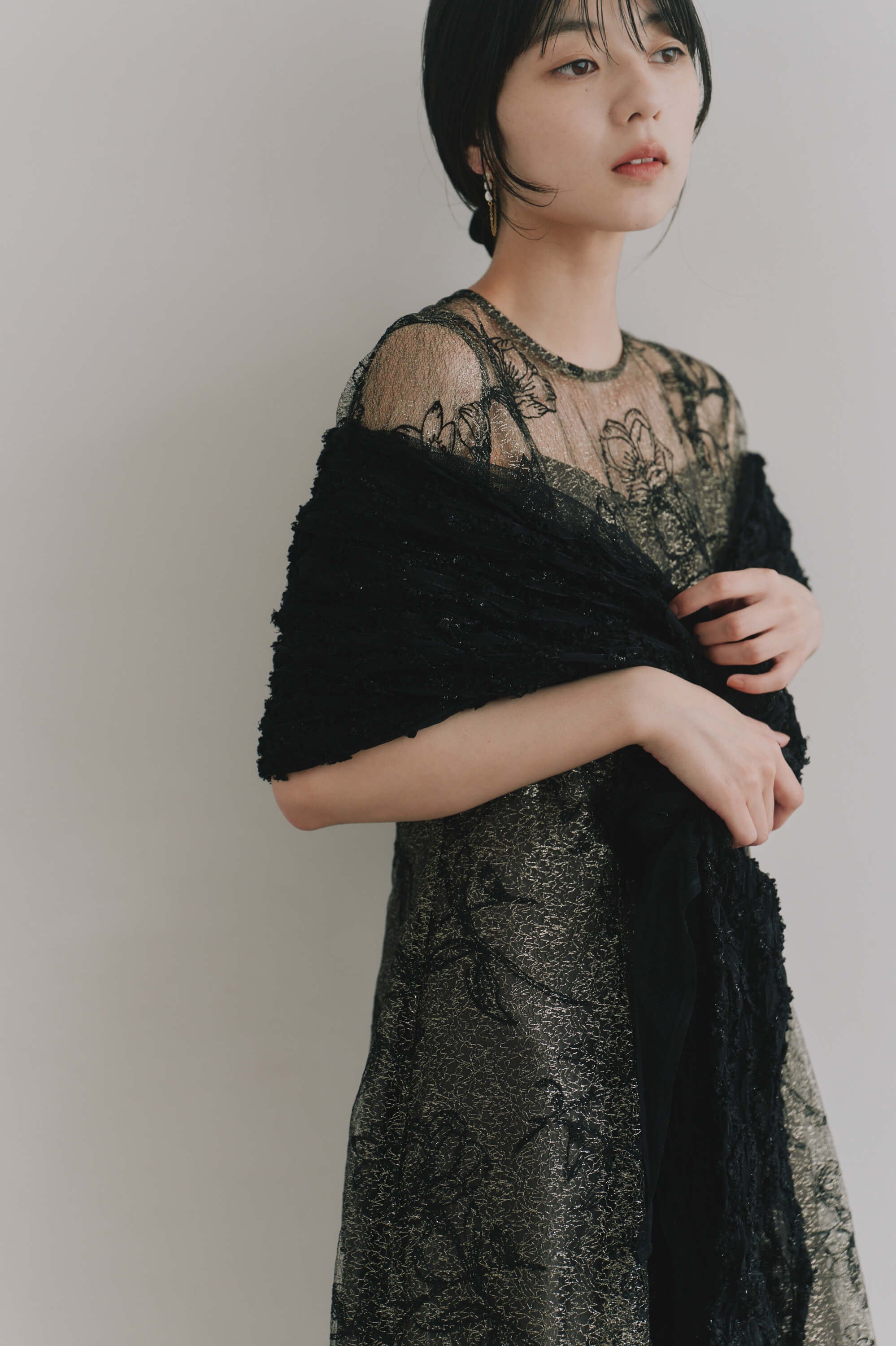kaene  モールレースチュールショール / 003111 結婚式用ショール 羽織 black | 